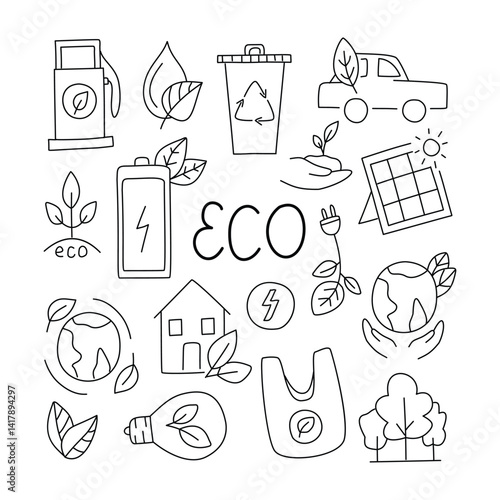 Set of ecology doodle. Isolated on white background