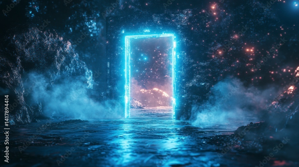 Mystical Neon Doorway in Ethereal Landscape with Cosmic Elements Mystical Neon Doorway in Ethereal Landscape with Cosmic Elements