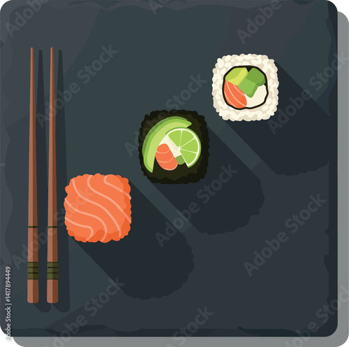Three sushi pieces with wooden chopsticks on dark plate flat design minimal vector illustration