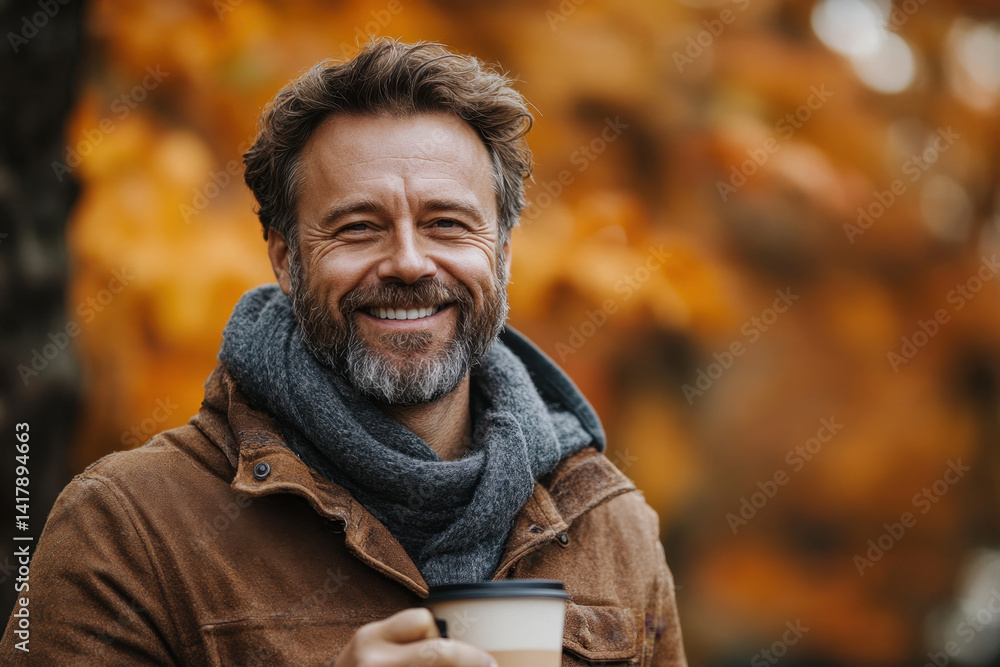 Bearded man in a scarf holding a cup, standing near a window with snow falling outside. Bearded man in a scarf holding a cup, standing near a window with snow falling outside.