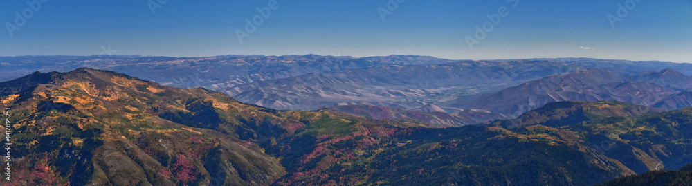 Box Elder Peak view from peak, American Fork Canyon. Lone Peak, Mt Timpanogos Uinta-Wasatch-Cache National Forest, Wasatch Range Rocky Mountains, Utah, United States.