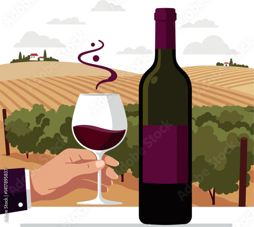 Red wine bottle and glass with vineyard landscape background flat design vector illustration