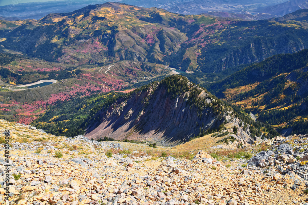 Box Elder Peak view from peak, American Fork Canyon. Lone Peak, Mt Timpanogos Uinta-Wasatch-Cache National Forest, Wasatch Range Rocky Mountains, Utah, United States.