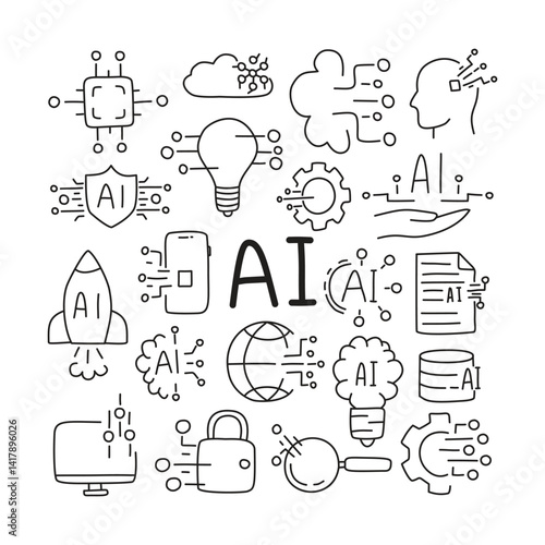 Set of doodles on the topic of artificial intelligence.