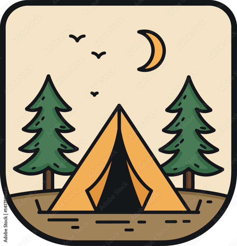 Obraz premium Camping tent between pine trees under crescent moon and flying birds flat design vector illustration