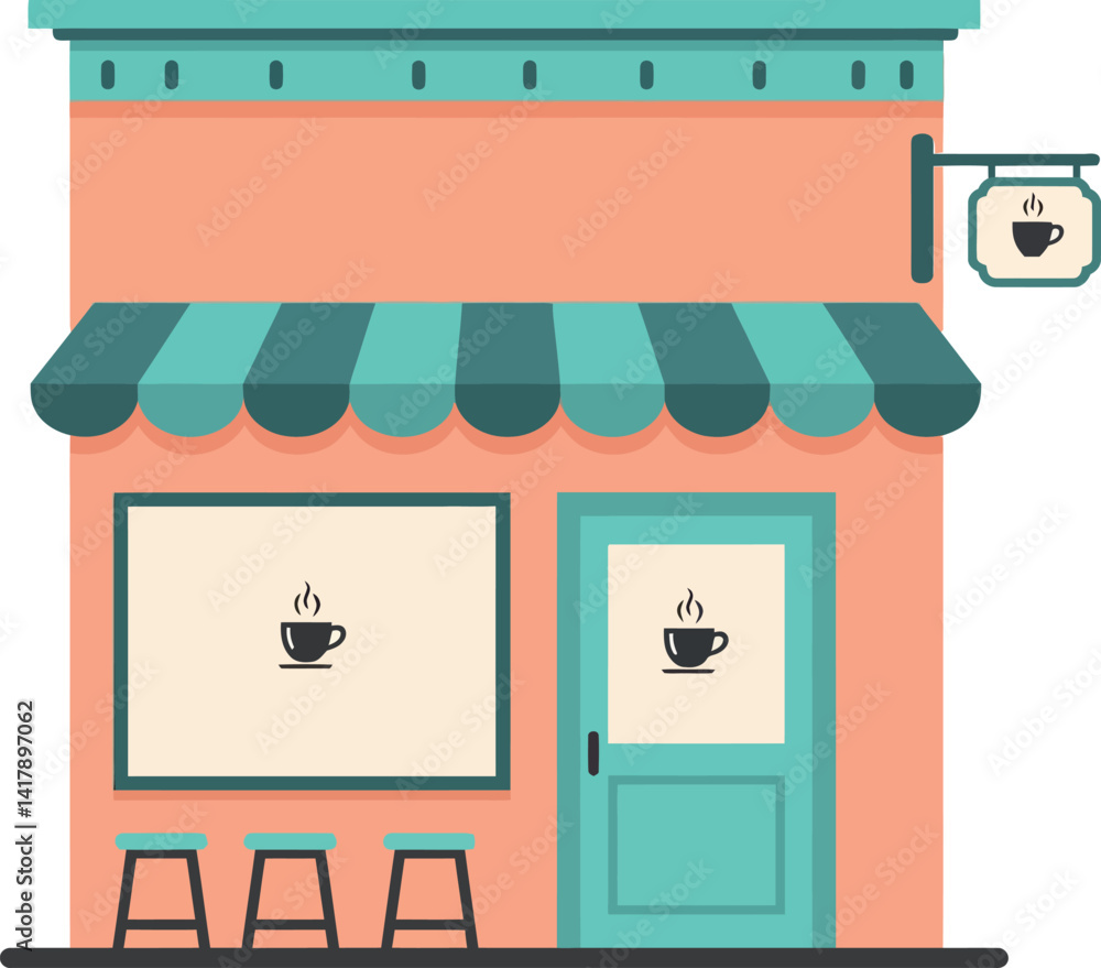 Obraz premium Small coffee shop building with striped awning and stools minimal flat design vector illustration