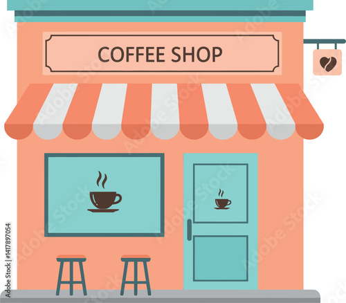 Small coffee shop building with pastel colors and striped awning flat design vector illustration