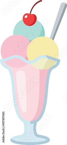 Three scoop pastel ice cream sundae with cherry on top in glass cup flat style vector illustration