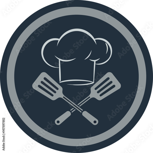 Chef hat and crossed spatulas cooking utensils in minimal flat design circular badge vector illustration