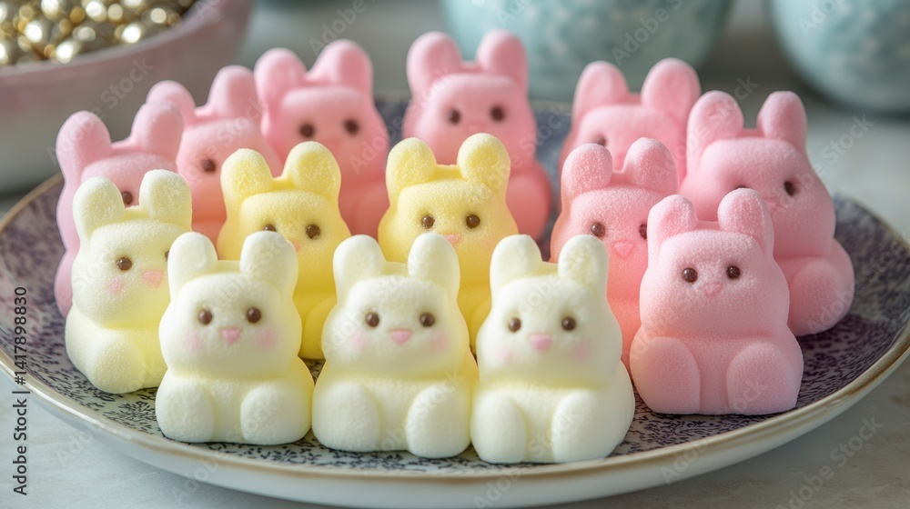 Cute Marshmallow Bunny Treats Arranged on Decorative Plate Cute Marshmallow Bunny Treats Arranged on Decorative Plate