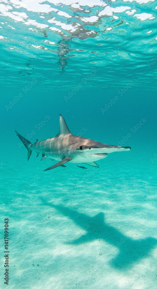 Fototapeta premium Hammerhead Shark Swimming Underwater in Turquoise Ocean
