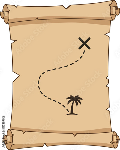 Antique treasure map with palm tree and marked destination flat design vector illustration