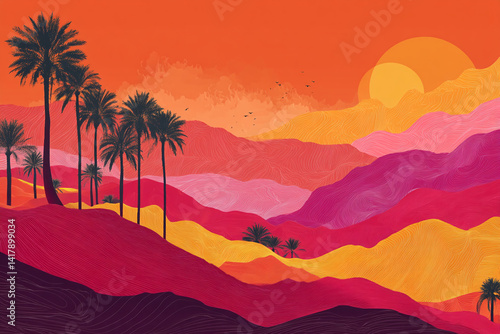 Stylized desert landscape at sunset, featuring palm trees and textured hills in warm colors, conveying a sense of serenity and exotic beauty, ideal for travel or design projects