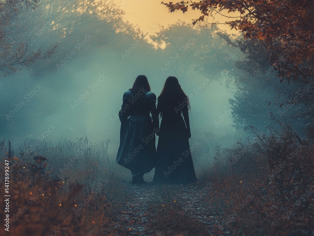 Two figures walk through a misty forest. AI.