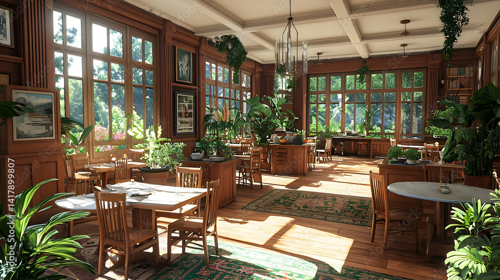 Fototapeta premium Sunlit Victorian Library Interior With Plants