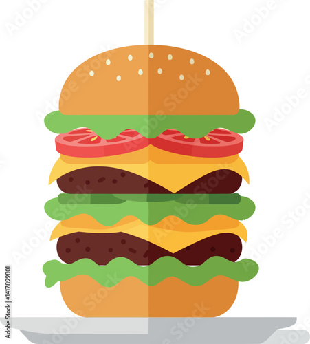Double cheeseburger with tomato lettuce and sesame bun in flat minimal style vector illustration