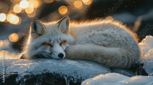 Peaceful fox resting on ice. AI.