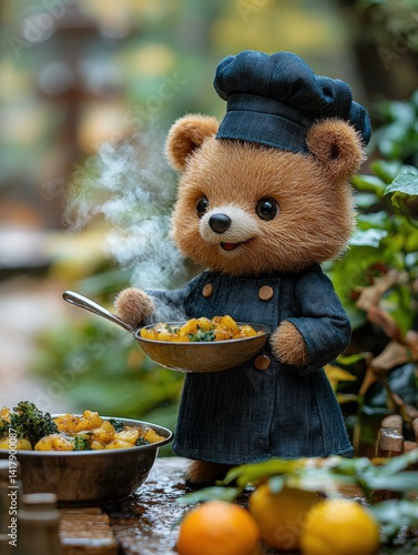 A cute bear enjoying a warm winter meal. AI.