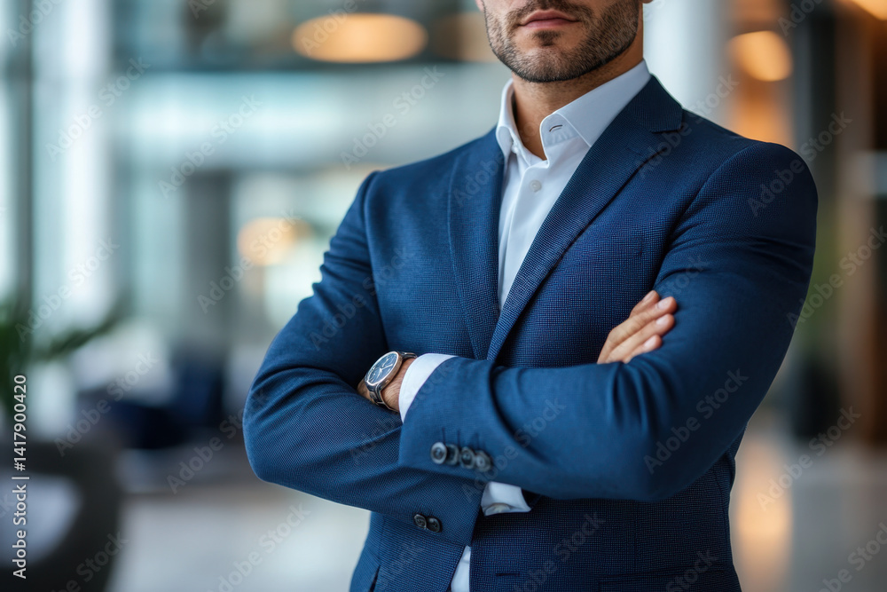 Fototapeta premium Man in suit standing with arms crossed, facing city skyline. Confidence and determination evident.