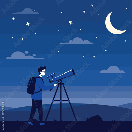 Young man using telescope at night under crescent moon and stars in flat vector illustration