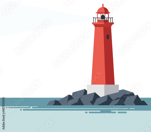 Red lighthouse on rocky shore emitting light beam flat minimal vector art