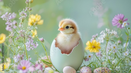 Cute chick in a cracked egg. AI.