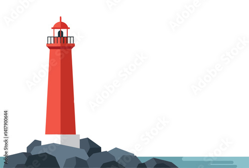 Red lighthouse standing on rocky shore with calm sea in flat minimal vector illustration