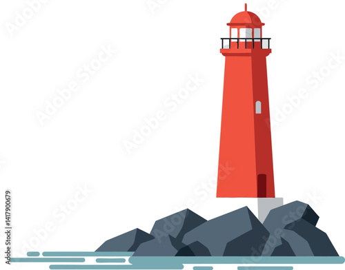 Red lighthouse standing on dark rocks by calm water in minimal flat design vector illustration
