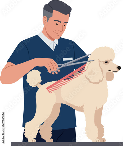 Male pet groomer trimming white poodle dog fur in detailed flat style vector illustration