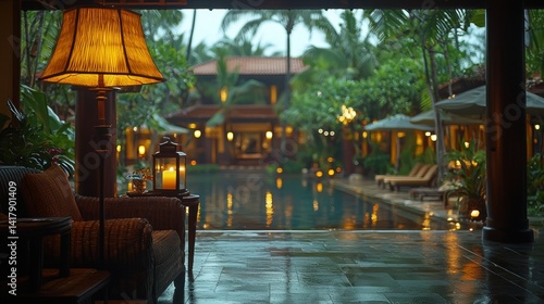 Tropical resort view  warm glow lamp  pool  lush foliage  rainy setting