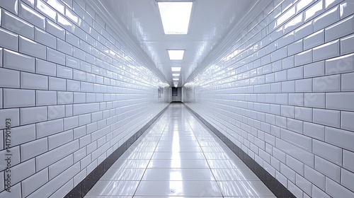 Empty hallway with white tile walls. AI.