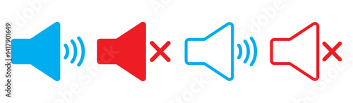 Mute Icon for Audio, Sound Control, Set of Speaker Icons Featuring Mute, Unmute icon set. Speaker icon set. volume icon vector. loudspeaker icon vector. Mute and unmute volume sound icon set. Red mic