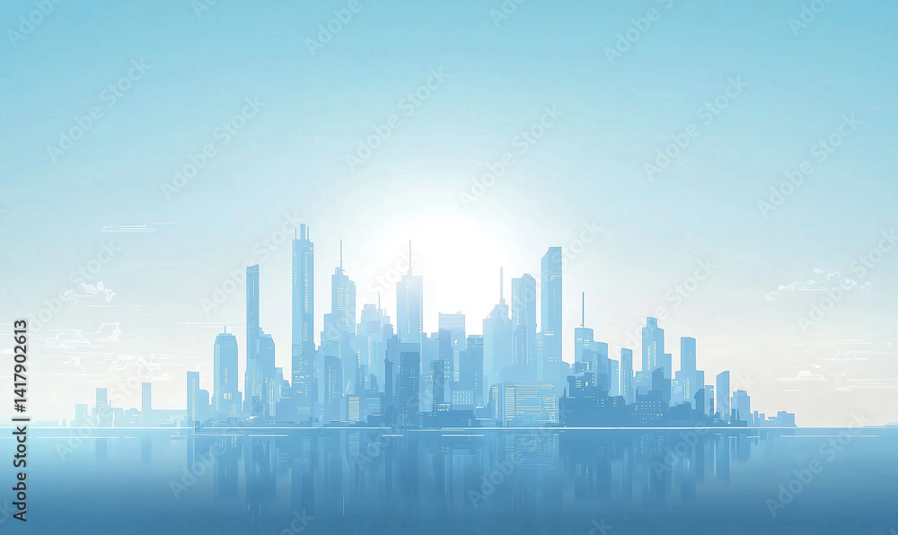 A minimalist skyline illustration reflects in calm waters under a bright blue sky, showcasing modern architecture and tranquility. A minimalist skyline illustration reflects in calm waters under a bright blue sky, showcasing modern architecture and tranquility.