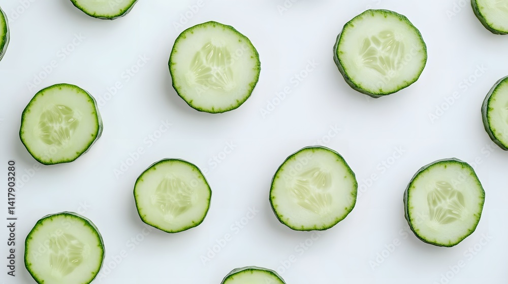 Freshly sliced cucumbers arranged in a visually appealing pattern on a white background. Perfect for healthy eating, skincare, or summer themes. Freshly sliced cucumbers arranged in a visually appealing pattern on a white background. Perfect for healthy eating, skincare, or summer themes.