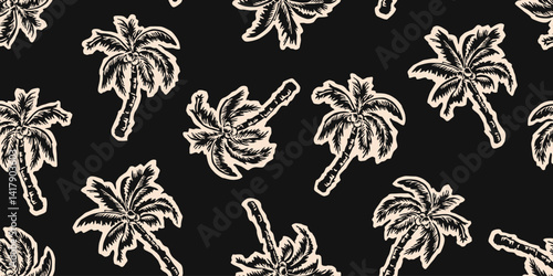 Tropical pattern with freehand drawn palm trees. Hawaii summer background organic shapes black and white for fabric, textiles, clothing, poster, cover, decor, banner, wallpaper. Vector illustration.