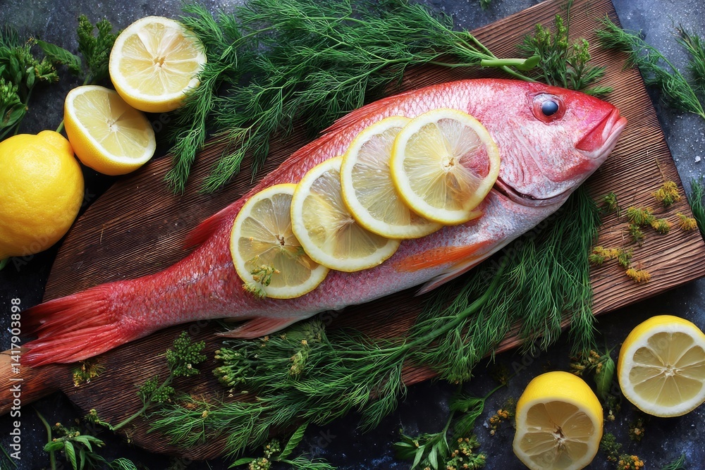 Whole red snapper with lemon slices and fresh dill, top view
