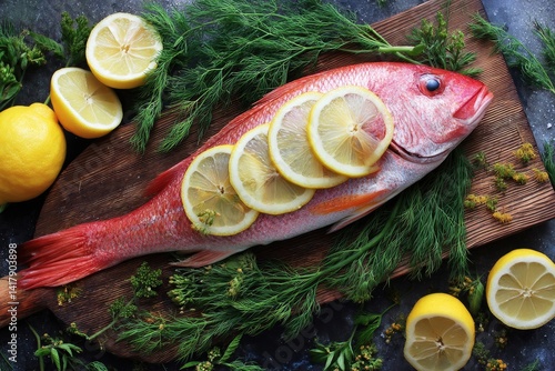 Obraz na płótnie Whole red snapper with lemon slices and fresh dill, top view w salonie