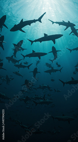 Group of Sharks Swimming Undersea with Sun Rays