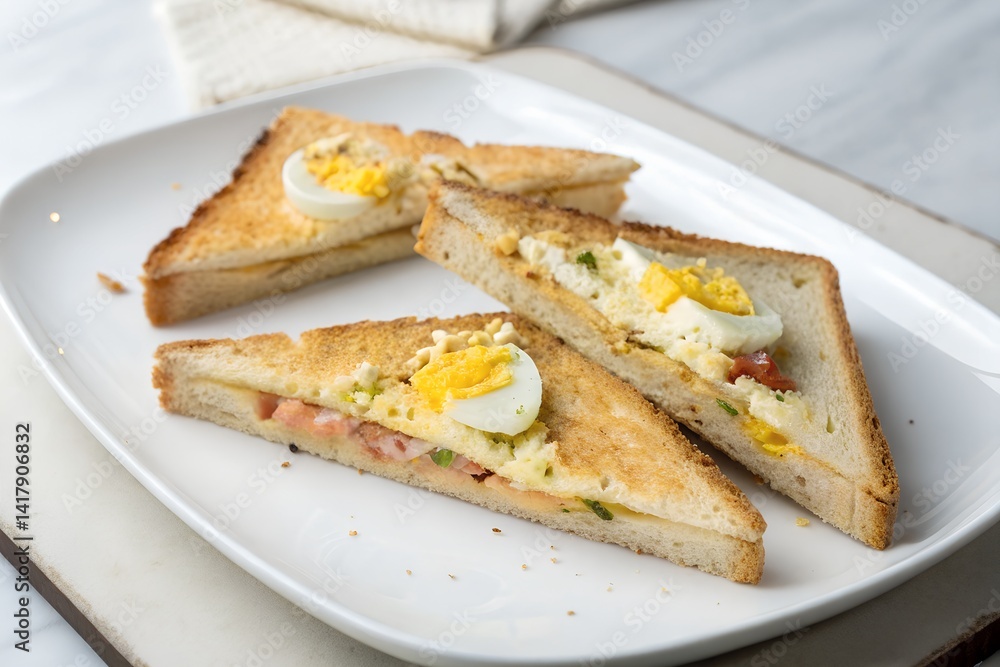 Two dim toast (egg toast) cut diagonally, placed on a white plate, minimalist presentation Two dim toast (egg toast) cut diagonally, placed on a white plate, minimalist presentation