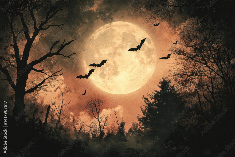 Full moon with bats flying over trees in a dark night sky. Full moon with bats flying over trees in a dark night sky.