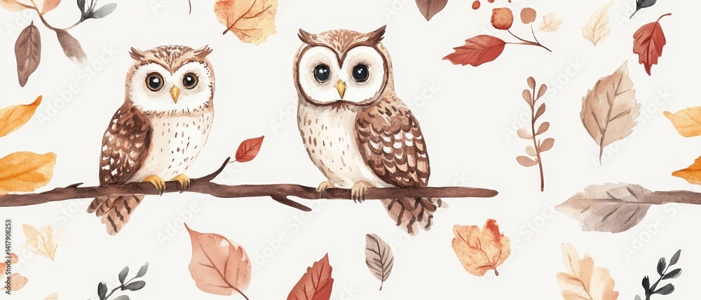 Two owls sitting on a branch with leaves and flowers in the background