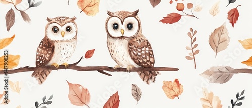 Two owls sitting on a branch with leaves and flowers in the background
