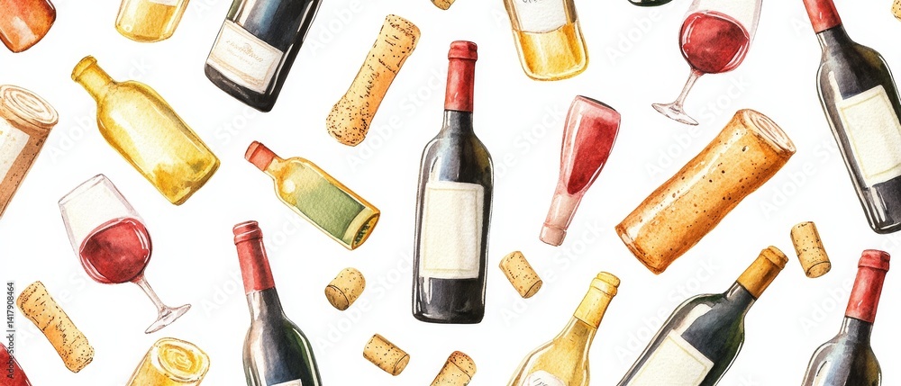 A watercolor painting of various wine bottles and glasses
