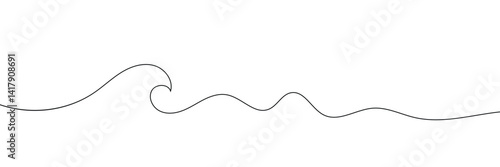 Single continuous line drawing surf ocean waves isolated on white background, also logo idea. Water splashes wave twirl isolated surge sparks breaker. One line draw graphic design vector illustration.