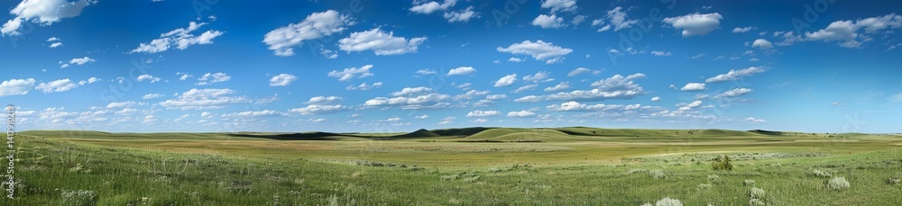 Wide panoramic view of grassy field under a bright blue sky with clouds Wide panoramic view of grassy field under a bright blue sky with clouds