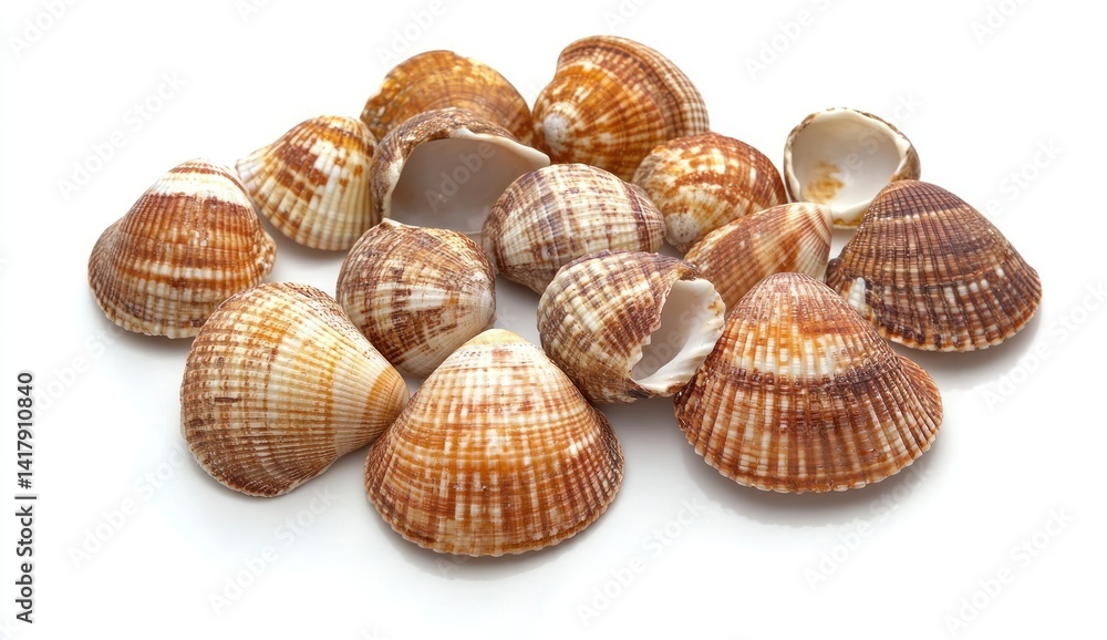 Group of shells with brown and beige patterns on a white background. Group of shells with brown and beige patterns on a white background.