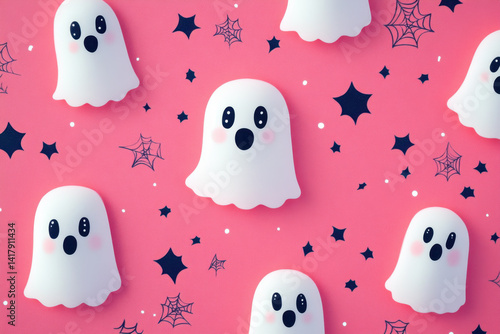 Pink ghosts and stars on a vibrant background, creating a whimsical and magical scene.