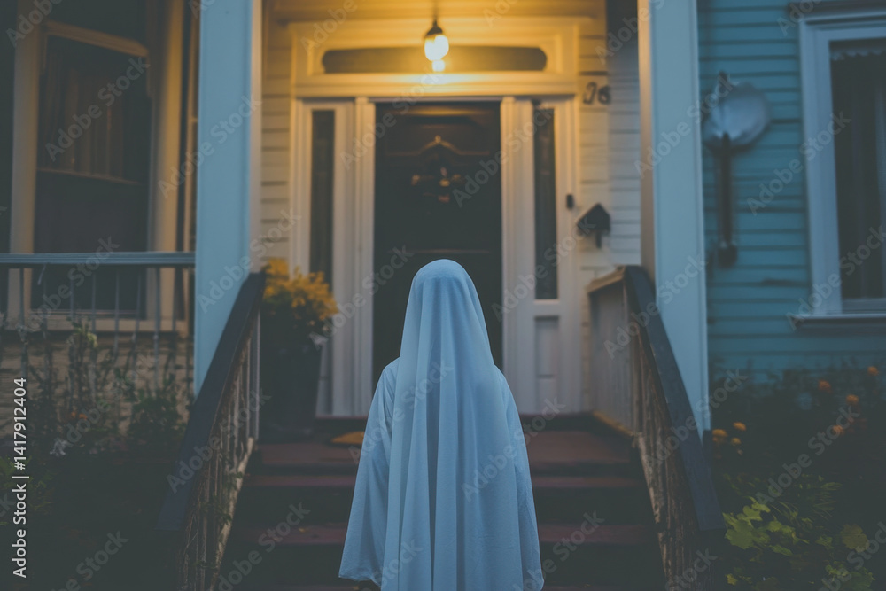 Naklejka premium Ghost standing on house steps at night, ethereal figure in flowing white gown, transparent pale hands reaching out, mysterious and eerie atmosphere.