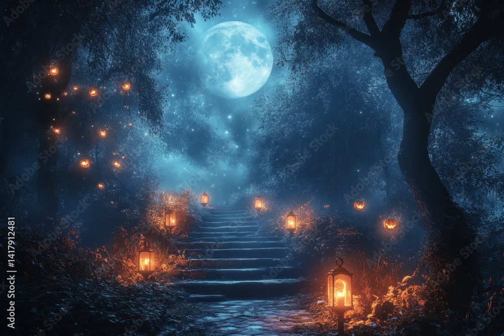 Staircase in dark forest ascending towards full moon. Staircase in dark forest ascending towards full moon.