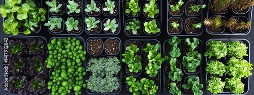 Top-down view of green vegetable seedlings in trays